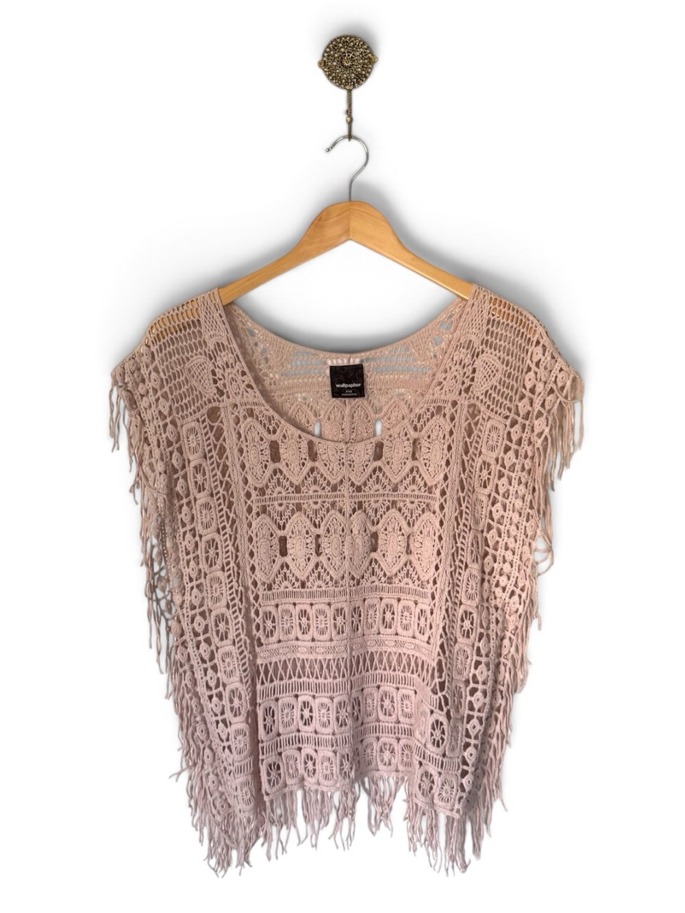 Wallpapher Crochet Lace Cap Sleeve Top XS Cream Geometric Fringe